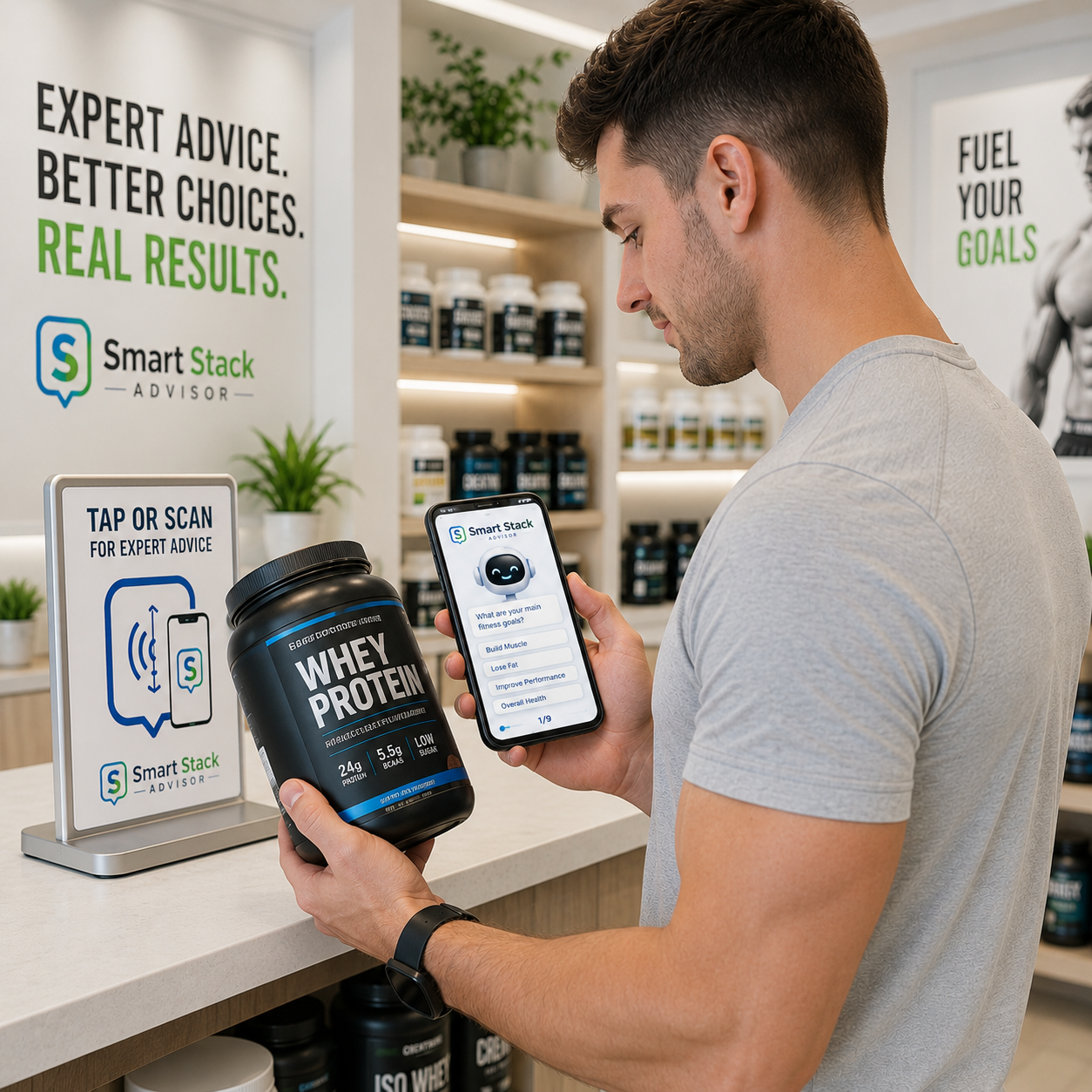 A customer in store receiving their personalised supplement plan from Smart Stack